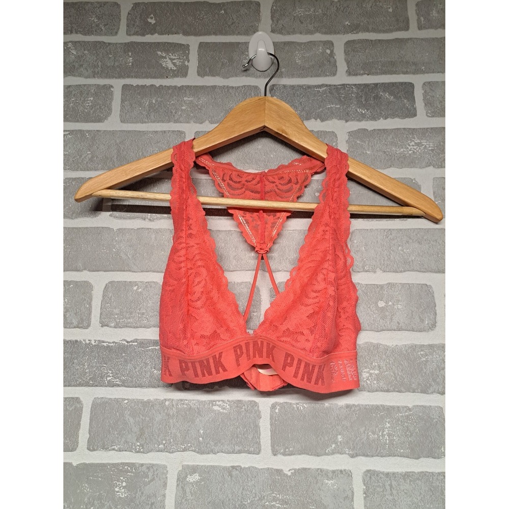 Victoria Secret‎ PINK Lace Floral T-Back Halter Bralette - Coral Size Small